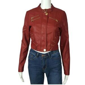 Women's Vegan Leather Motto Jacket Red‎